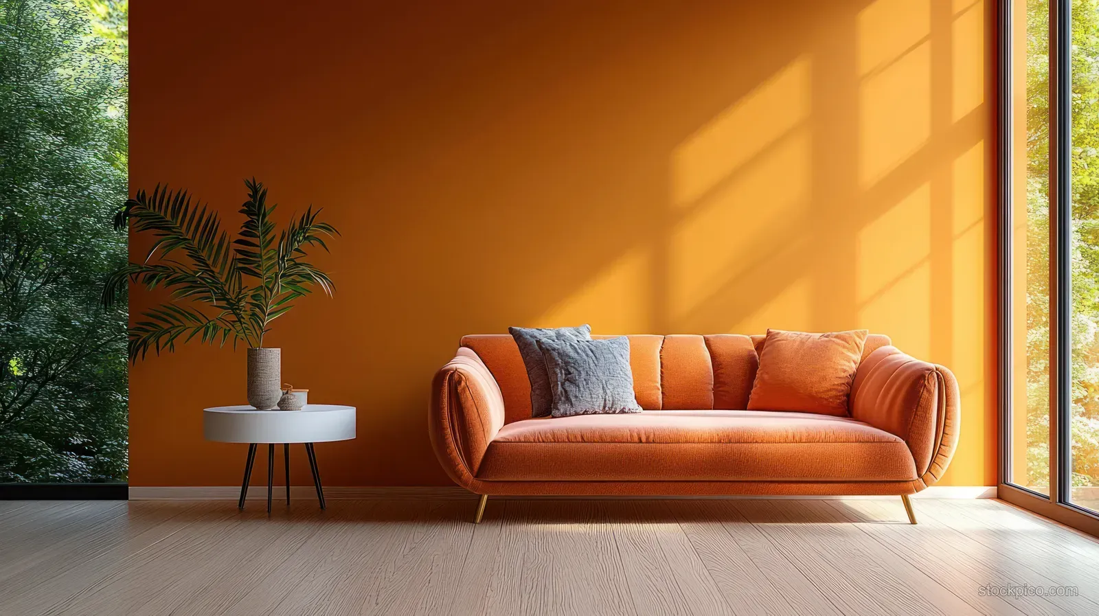 Sunlit living room with orange accent wall, plush orange sofa, and a white side table with a potted plant.