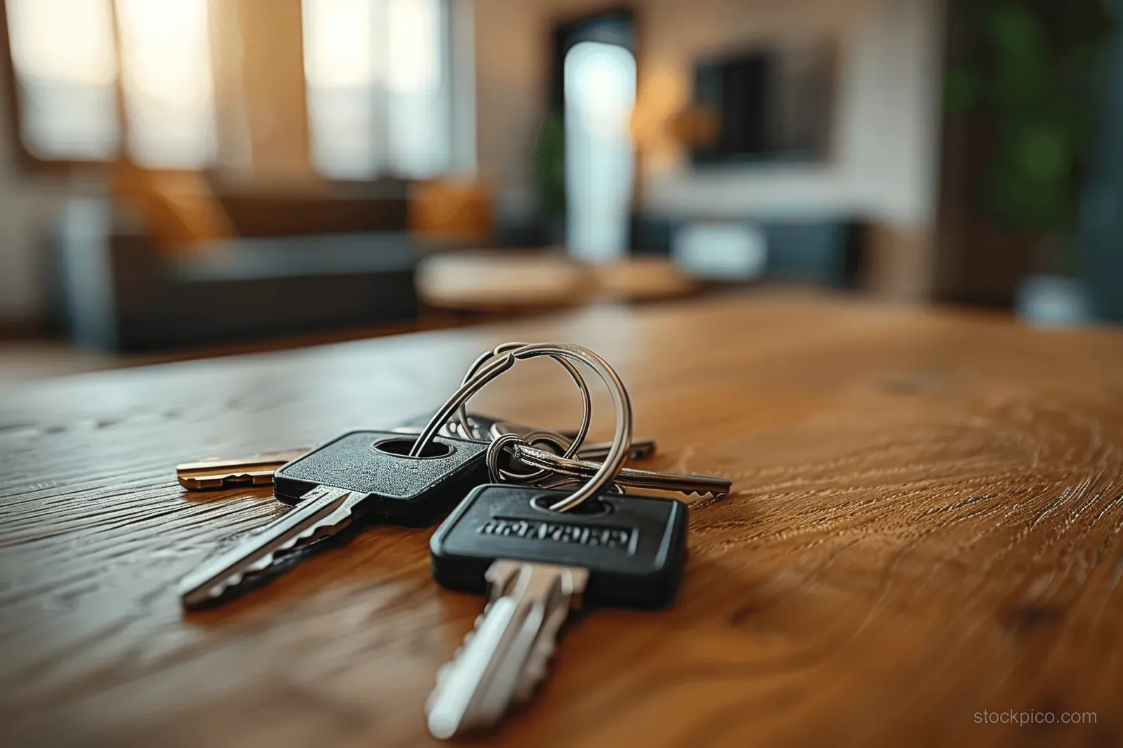 House keys and keychain lie on a wooden table inside a bright modern living room.