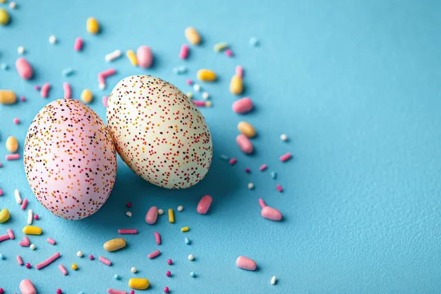 Two speckled candy-coated eggs on a bright blue textured surface with scattered colorful sprinkles around them.