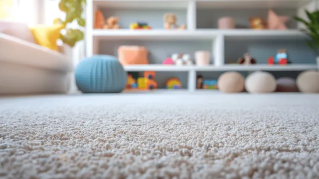 White carpet fills the foreground while shelves of colorful toys line the wall in a bright children’s playroom.