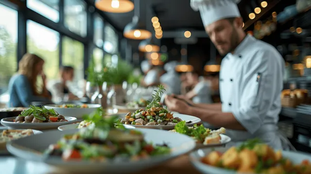 Chef in a white jacket plating multiple plated meals at a restaurant counter with large windows and natural light.