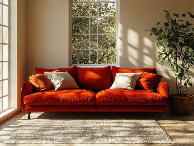Red sofa with decorative pillows and a potted plant in a sunlit Scandinavian living room with window shadows.