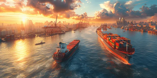 Cargo ships docked at a busy seaport while cranes load red containers in sunrise light