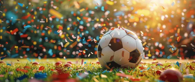 Soccer Ball on Grass with Confetti and Stadium Celebration