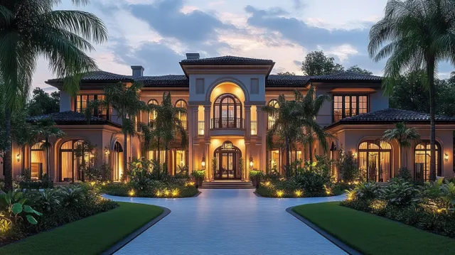 A two-story mansion glows with warm interior light at dusk, surrounded by palm trees and landscaped garden paths.