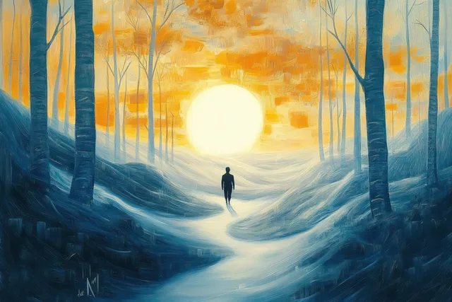 A lone silhouette walks along a winding path through tall trees toward a glowing sun in a warm orange sky.