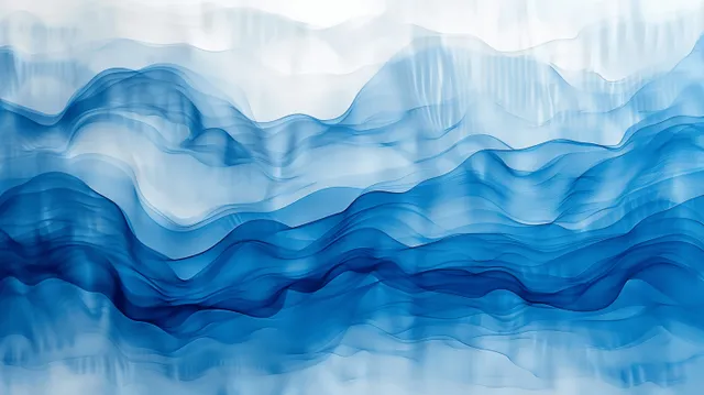 Abstract blue watercolor waves with wavy white lines and soft organic swirls