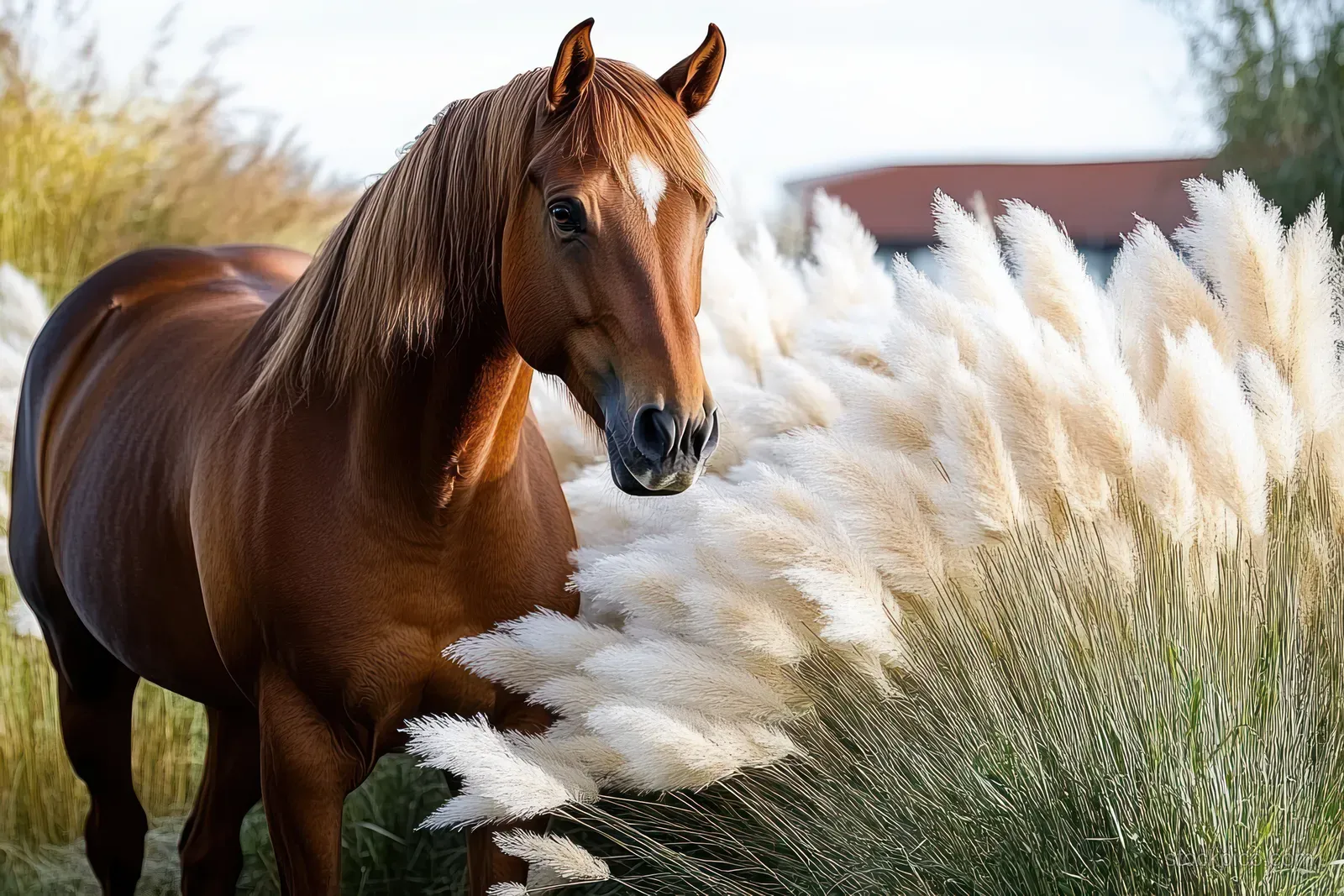 A brown horse stands beside tall white pampas grass in a sunlit outdoor field.