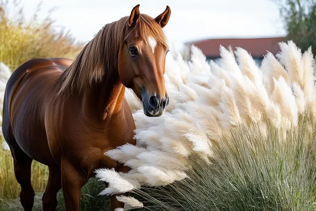 A brown horse stands beside tall white pampas grass in a sunlit outdoor field.