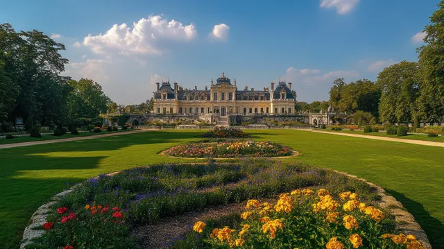 Historic mansion overlooking formal flowerbeds and manicured lawns beneath partly cloudy blue sky