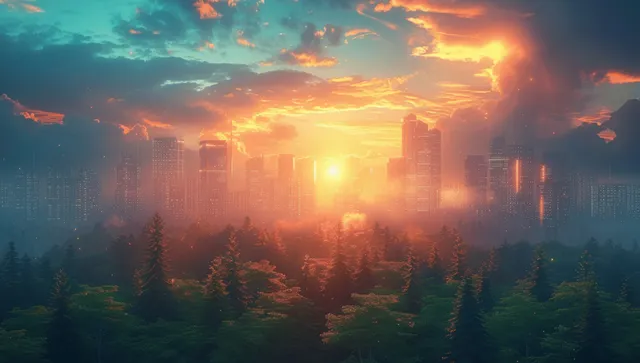 Sunset city skyline with glowing solar grid over forested buildings