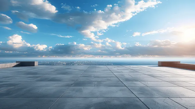 Rooftop concrete terrace floor with blue sky clouds, overlooking distant city skyline panorama with Urban City Views