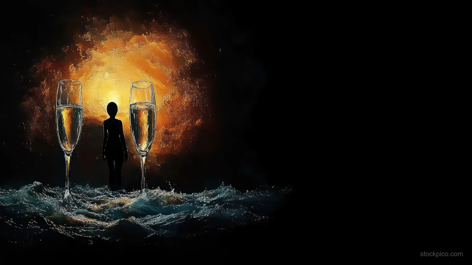 A silhouetted figure stands between two sparkling champagne glasses on turbulent water under a glowing orange halo.