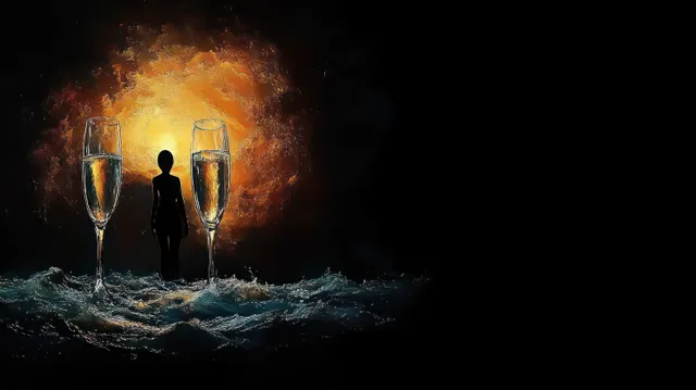 Silhouetted figure walking between two sparkling champagne glasses on turbulent water