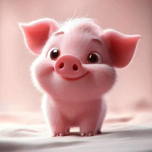 Fluffy pink piglet with big eyes smiling while standing on a soft surface in warm light.
