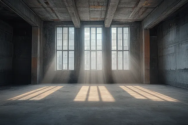 Sunlight rays enter through tall windows, illuminating an empty concrete industrial room with long shadows.