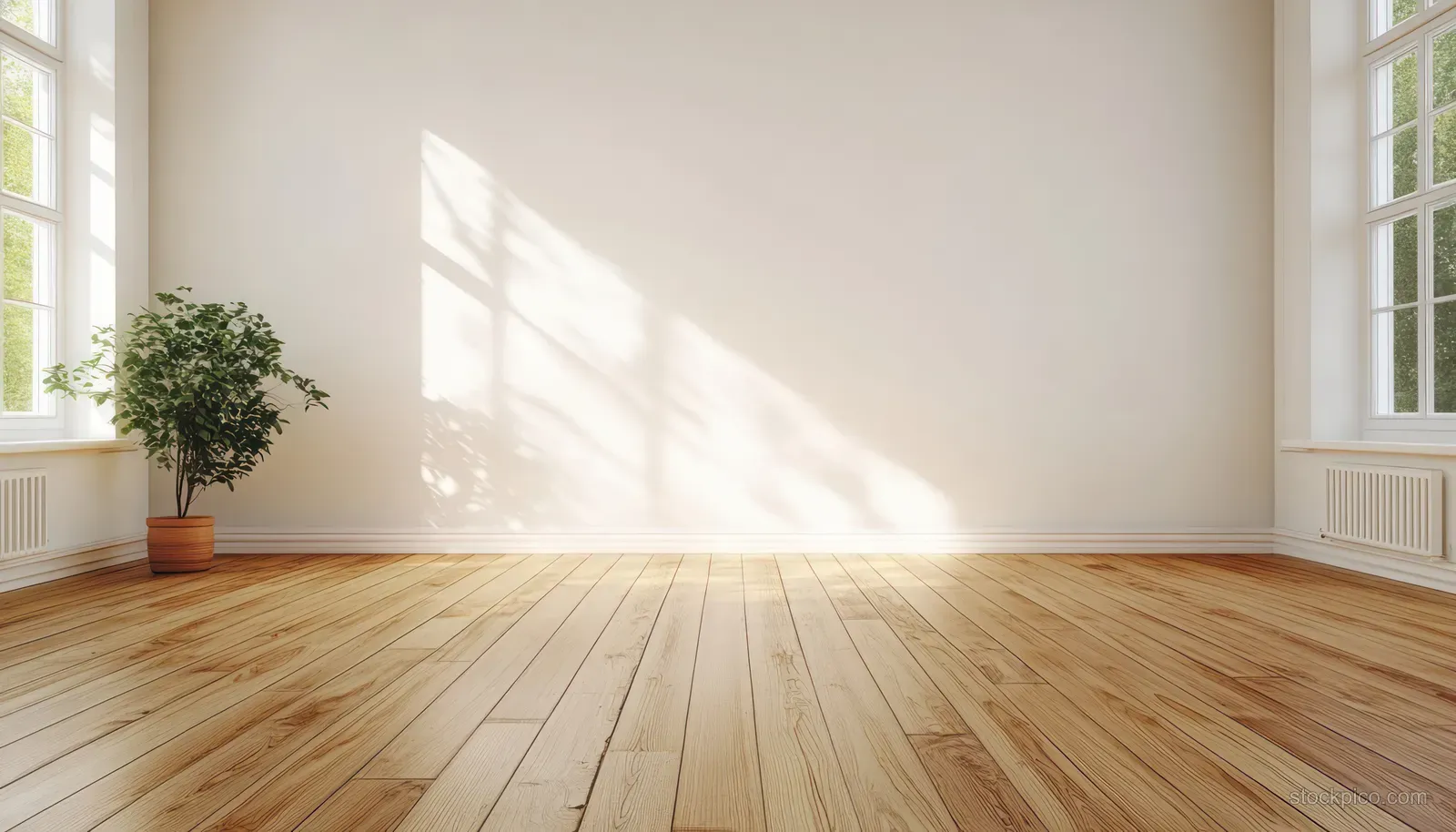 Empty Scandinavian room with white walls and sunlit wooden floor planks, with a small potted plant by a window.