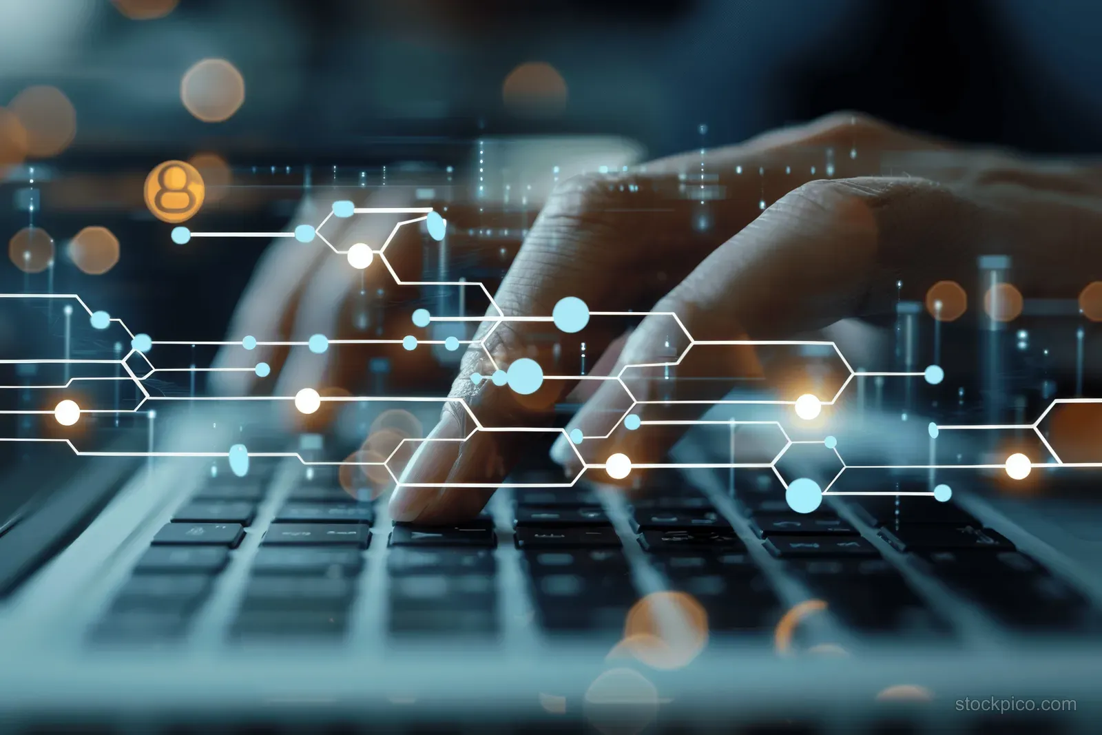 Hands using a tablet with glowing flowchart node connections over a digital workflow interface.