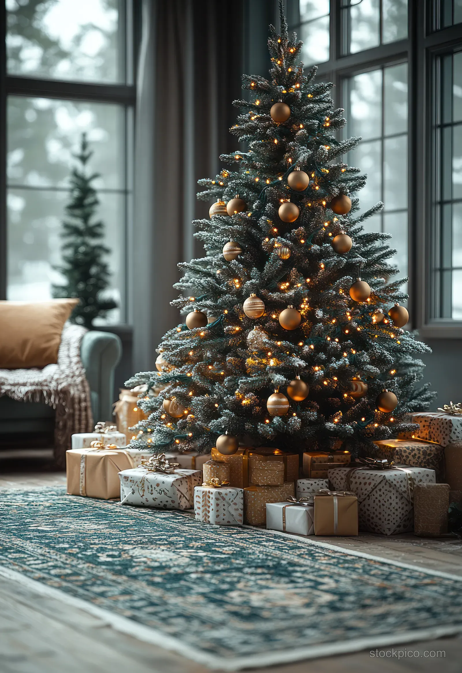 Minimal living room with a lit Christmas tree, wrapped gifts underneath, and soft warm light from large windows.