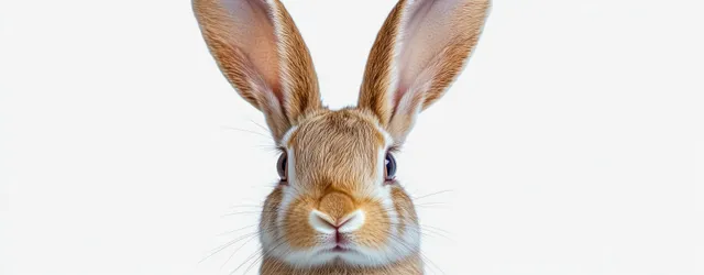 Close-up of a rabbit’s ears and face with detailed fur on a light background.