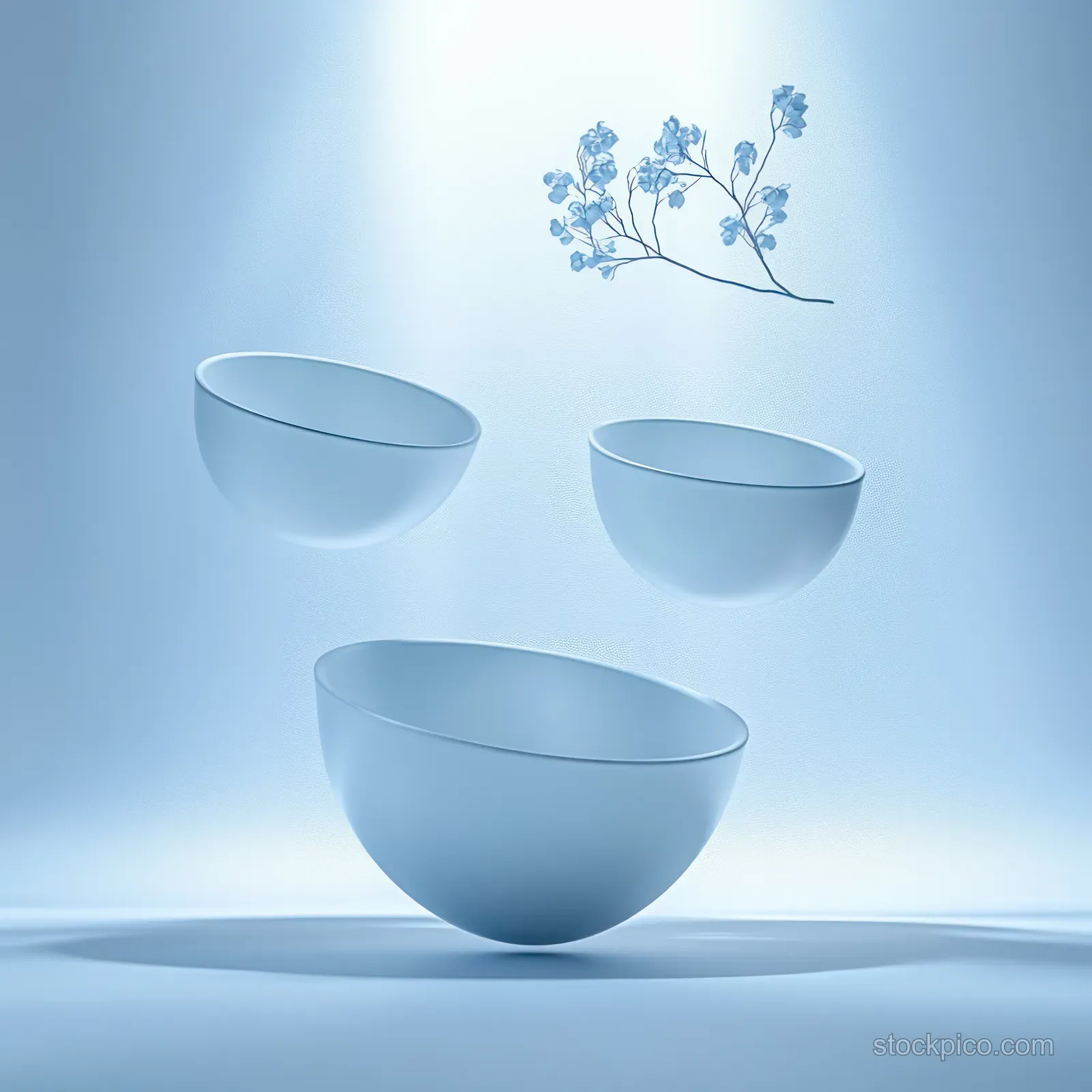 Three floating blue bowls hover over a smooth pedestal on a light blue background with faint botanical branches.