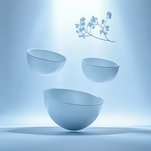 Minimalist floating blue bowls on a pedestal stage with soft shadow and airy lighting