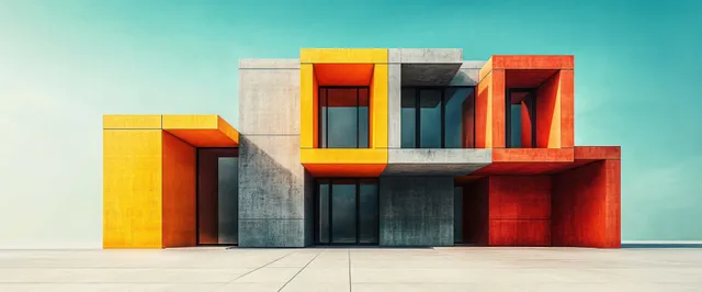 Geometric modern building facade with orange, yellow, and gray rectangular blocks and dark window openings under a clear blue sky.