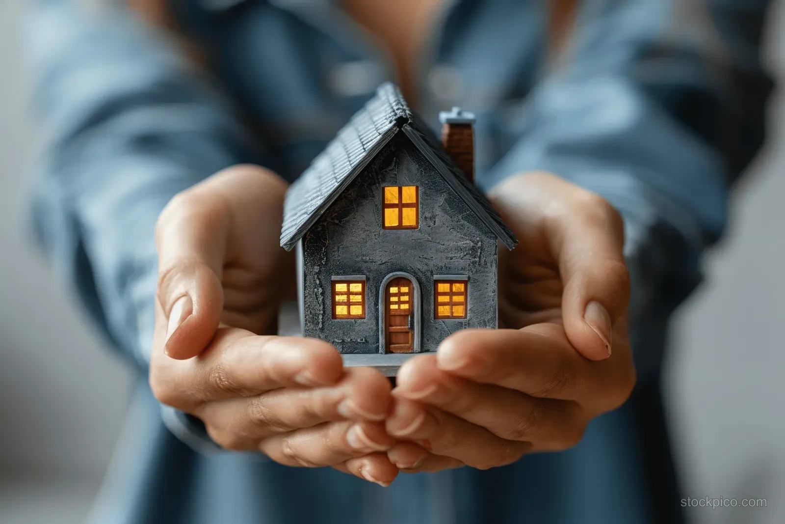 Woman holds a miniature house with glowing windows in her hands against a gray background.