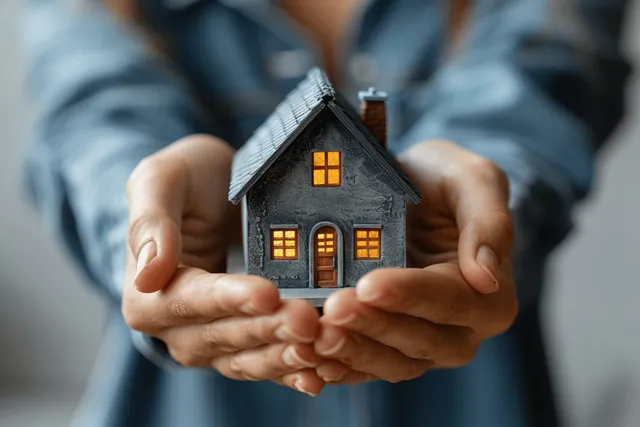Woman’s hands holding a miniature house model with lit windows on gray background