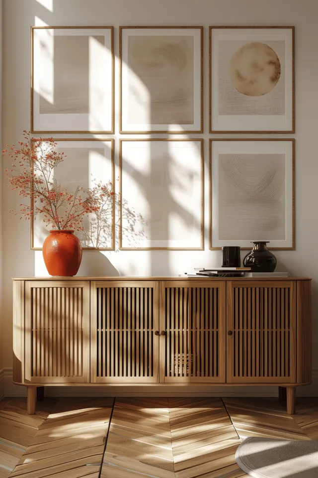 Minimalist living room interior with wooden sideboard and framed mockups in window sunlight