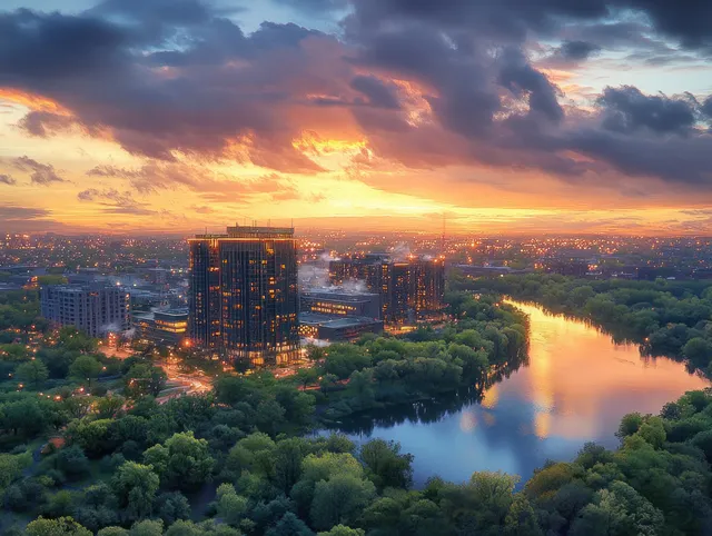 Bloomington Minnesota skyline at sunrise over Lake Normandale with glowing reflections with Golden Sky And Reflections