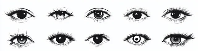 Ten stylized black-and-white human eye illustrations with distinct pupils and lashes on white background