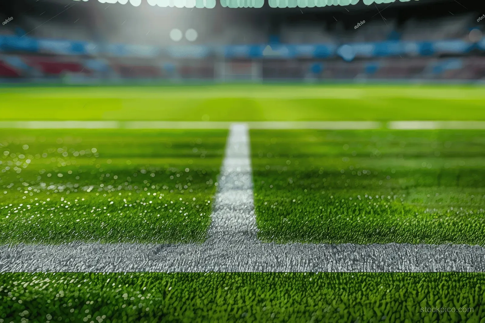 Green soccer field with a white center line stretching toward blurred stadium stands.