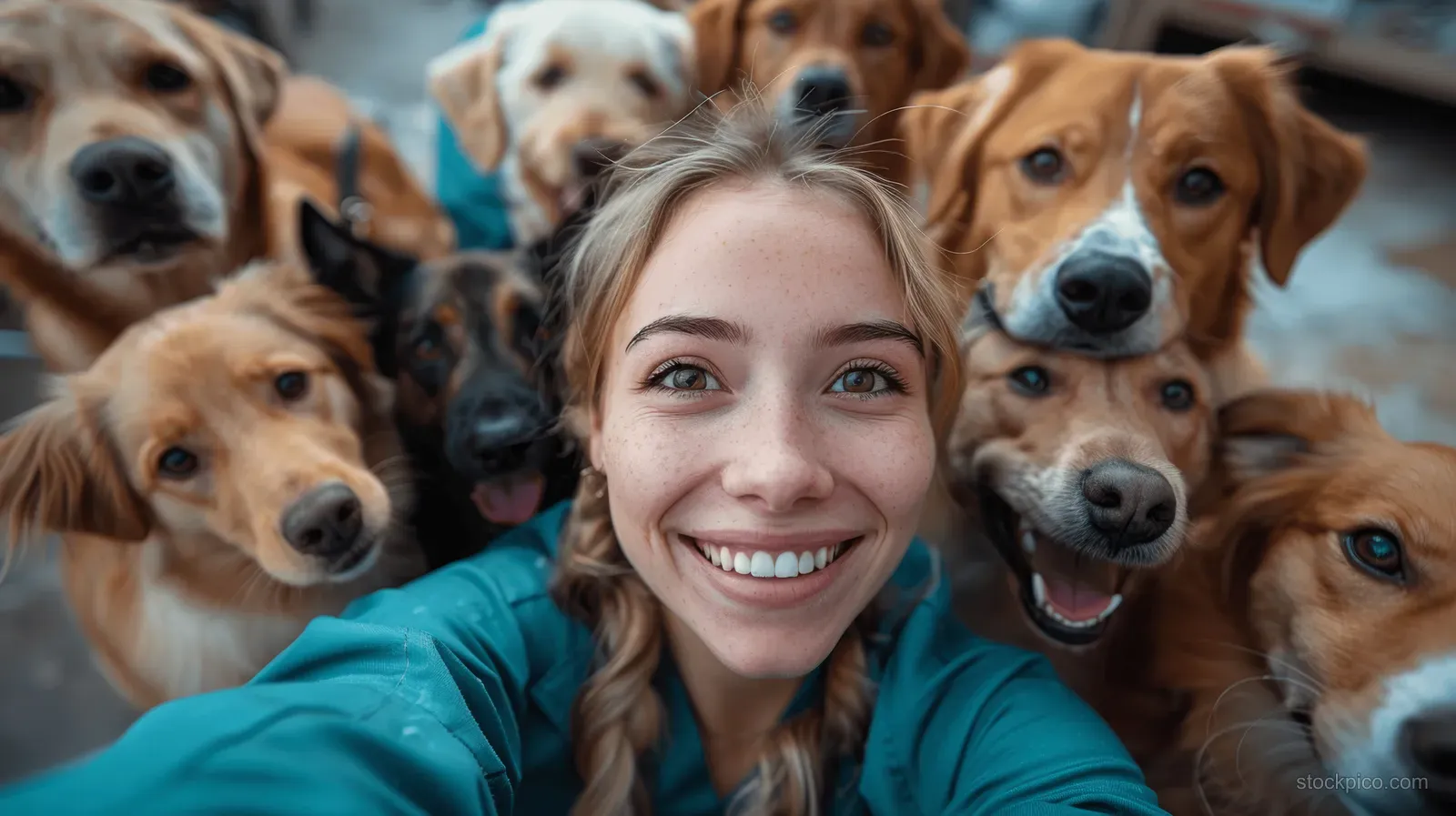 Veterinarians take a group selfie with several dogs in a veterinary clinic room.