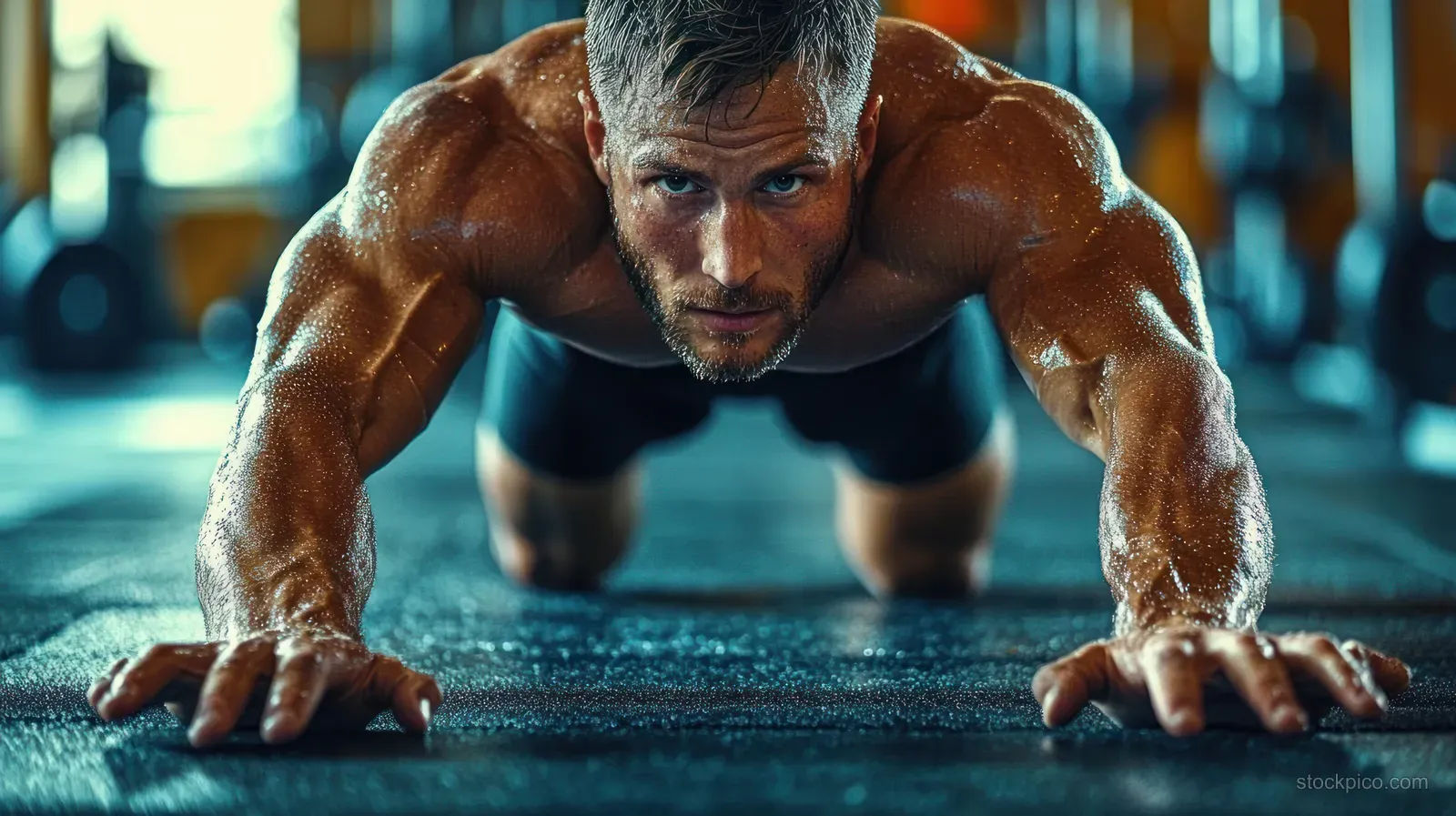 A sweaty muscular man holds an extended push-up on a gym floor, hands planted and body tense.