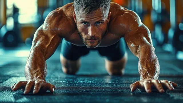 A sweaty muscular man holds an extended push-up on a gym floor, hands planted and body tense.