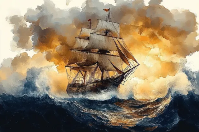 A tall-masted sailing ship fights rough waves under storm clouds with warm golden light breaking through.