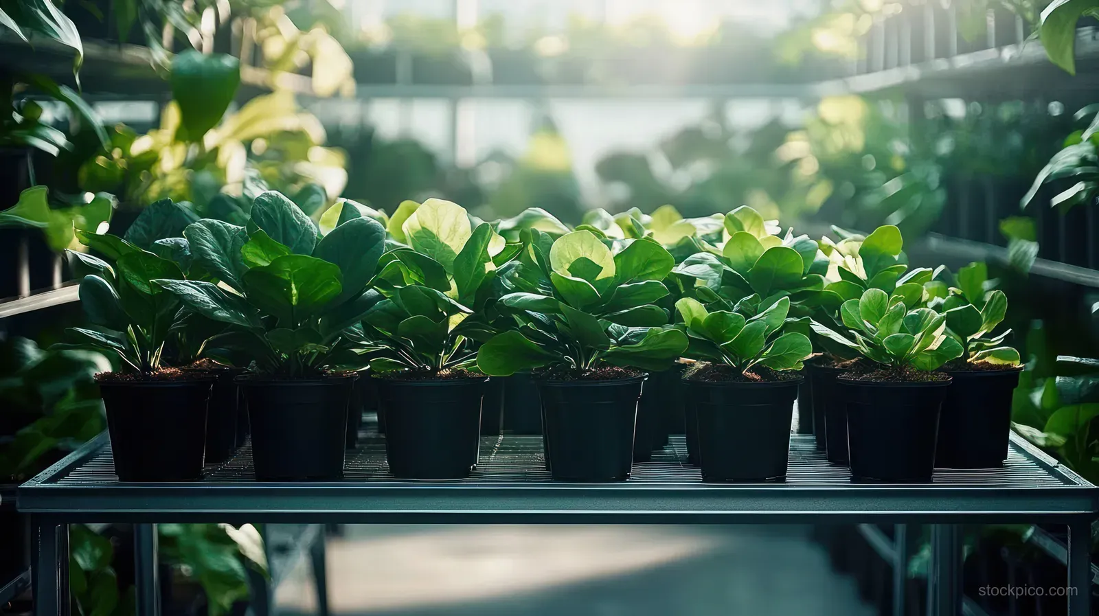 A row of small potted green plants sits neatly on a greenhouse shelf under bright sunlight.