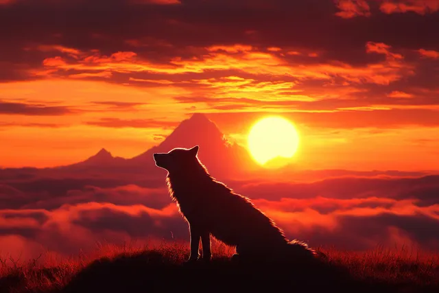 Silhouetted wild boar stands on a field at sunrise with Mount Fuji and a glowing red-orange sky.