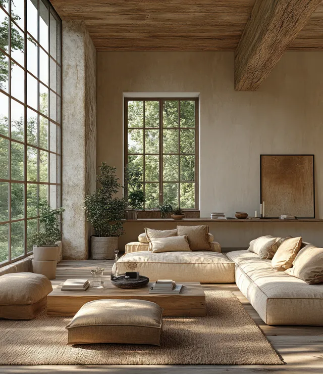 Sunlit Scandinavian living room with wooden beams, low sectional sofa, and tall arched windows framing green views.