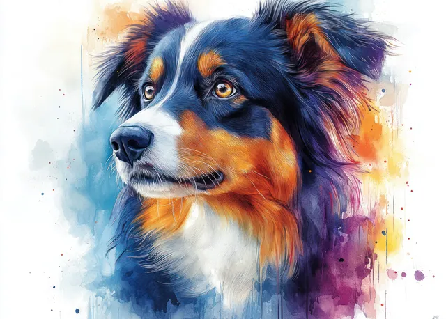 Watercolor Australian Shepherd head portrait with teal and purple abstract background splashes.