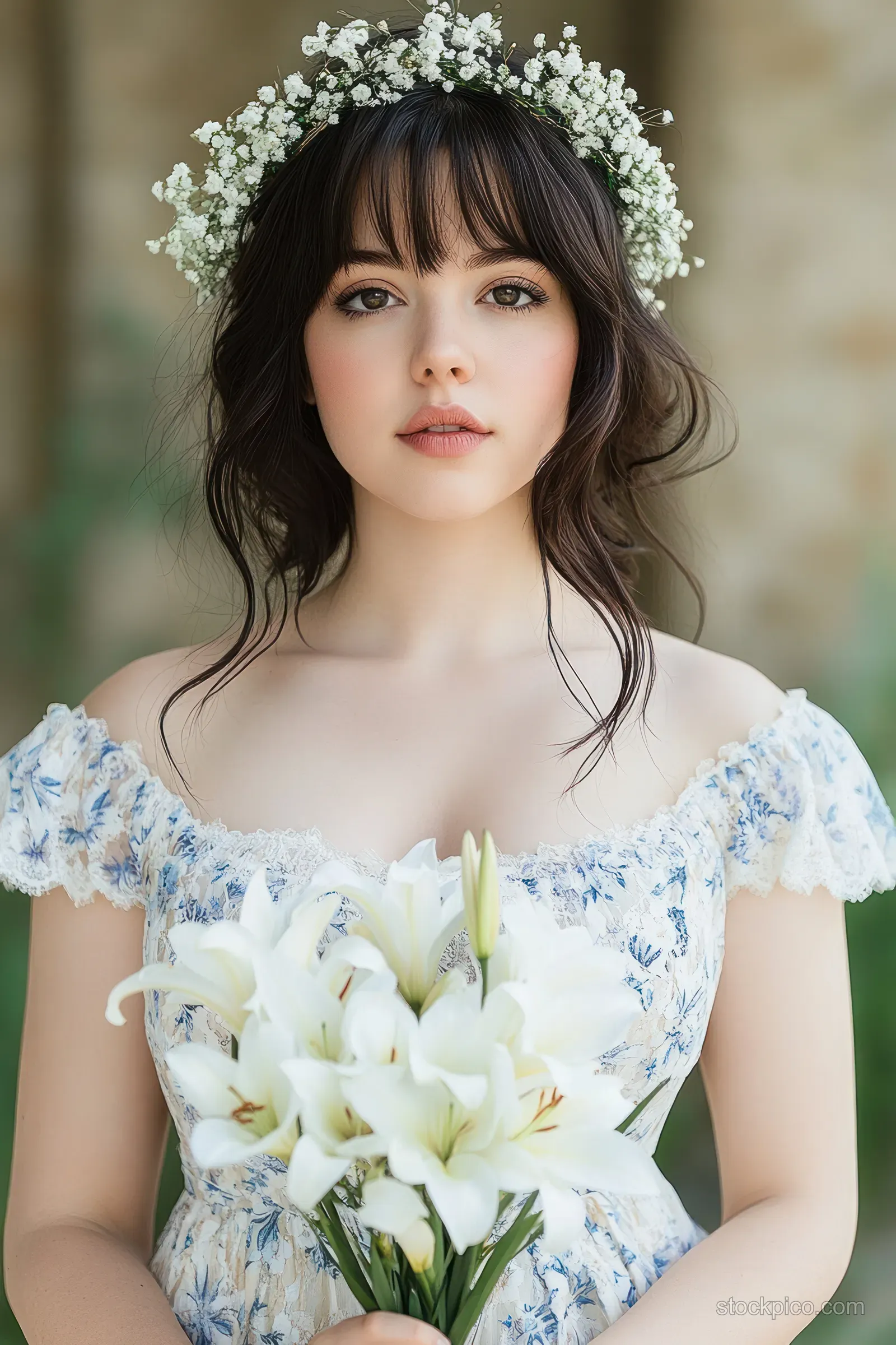 Young woman with a floral wreath holds a bouquet of white lilies in soft outdoor natural light.