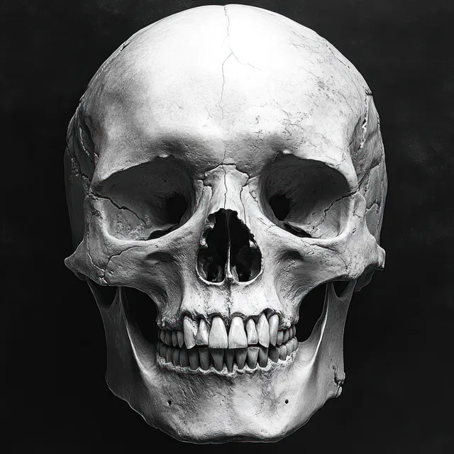Close-up of a human skull with cracked bone and visible teeth against a dark background.
