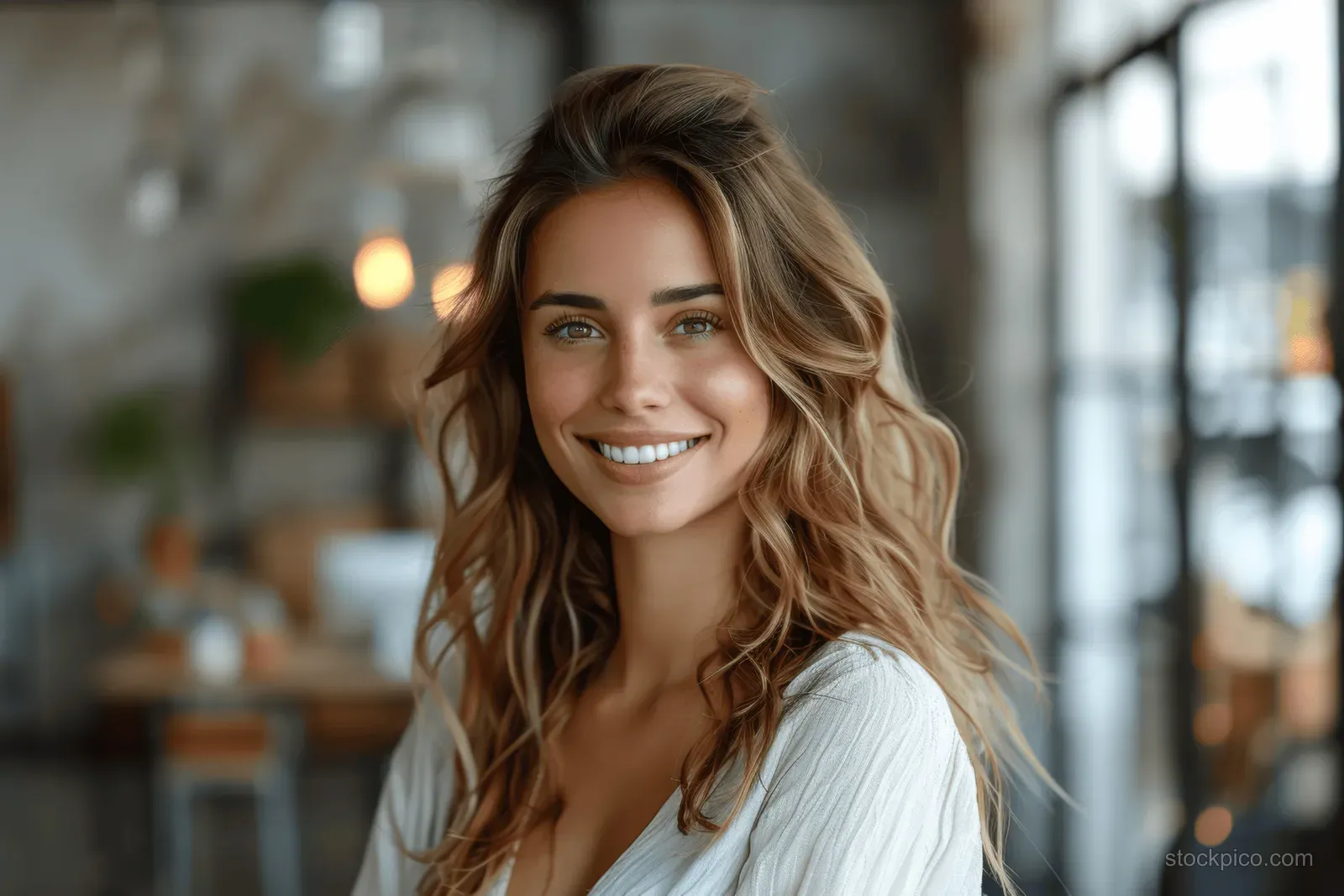 Smiling Hispanic businesswoman standing in a modern office holding a tablet with a blurred window background.