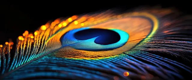 Macro peacock feather eye spot with glowing blue and turquoise hues and golden barbs against a dark background.
