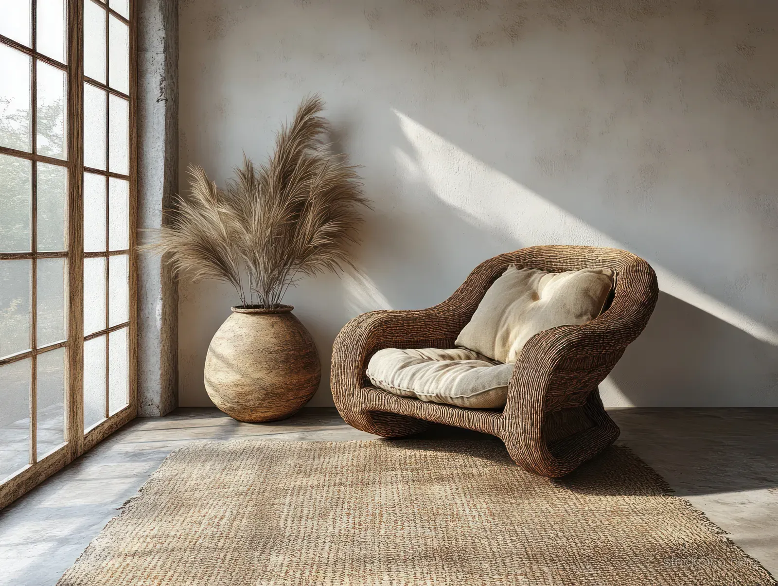 A serene Scandinavian living room showcases neutral tones, organic textures, and natural light streaming through large windows.
