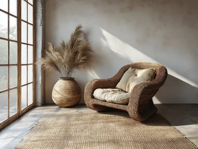 A serene Scandinavian living room showcases neutral tones, organic textures, and natural light streaming through large windows.