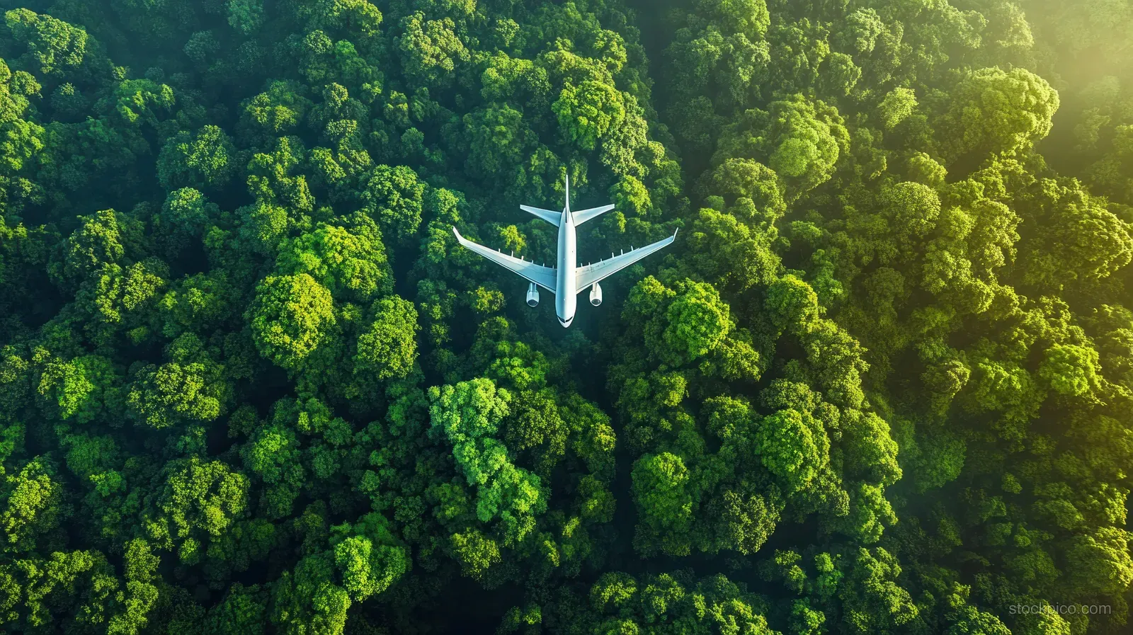 Airplane flying over a dense green forest canopy in daylight from an aerial perspective.
