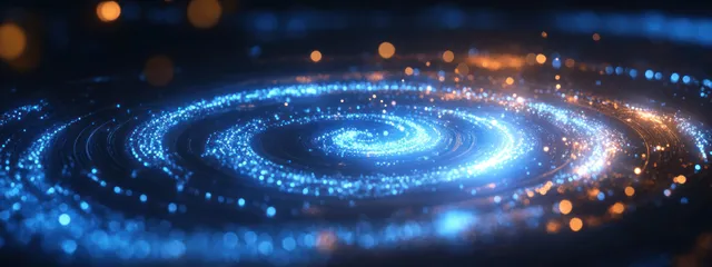 A glowing blue spiral core with orange particle dots swirls across dark space like a galaxy.