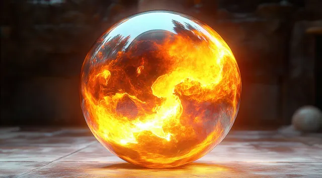 A glowing transparent sphere filled with swirling orange and yellow flames rests on a dim tiled floor.